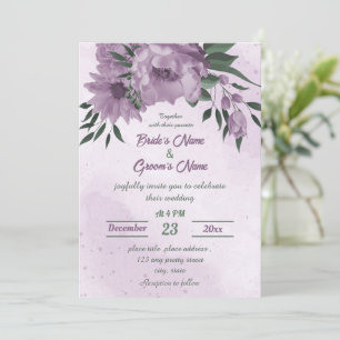 Invitation mariage botanique feuille fleurs violettes vert