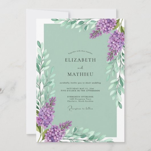 Invitation Mariage Botanique Fleur de Lilas Menthe (Devant)
