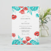 Invitation Mariage Botanique Fleur de Pavot Sarcelle (Debout devant)