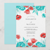 Invitation Mariage Botanique Fleur de Pavot Sarcelle (Devant / Derrière)