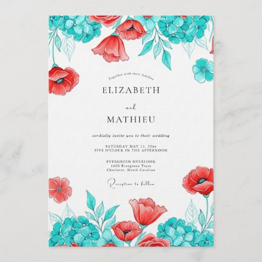 Invitation Mariage Botanique Fleur de Pavot Sarcelle (Devant)