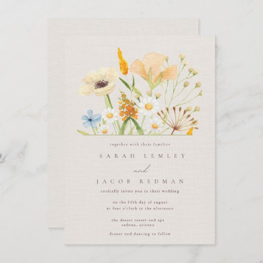 Invitation Mariage botanique Fleur sauvage simple (Devant / Derrière)