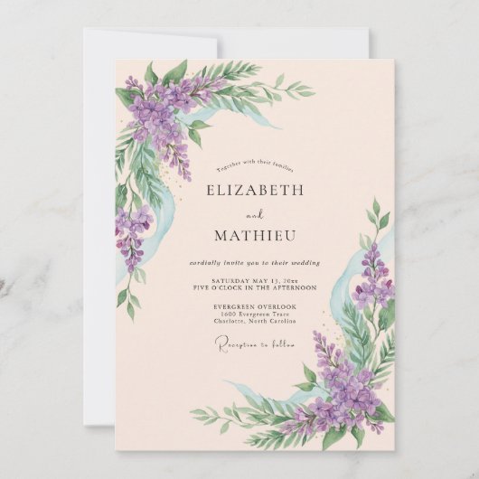 Invitation Mariage botanique fleuri lavande (Devant)