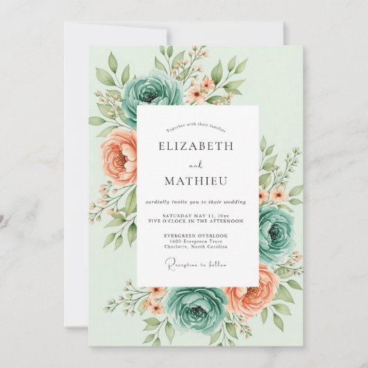 Invitation Mariage botanique fleuri vert menthe (Devant)