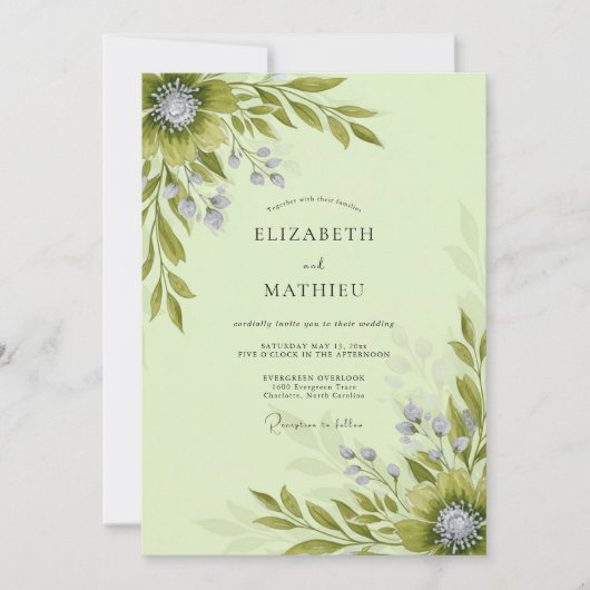 Invitation Mariage botanique fleuri vert sauge (Devant)