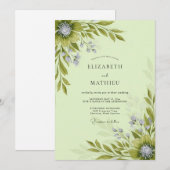 Invitation Mariage botanique fleuri vert sauge (Devant / Derrière)