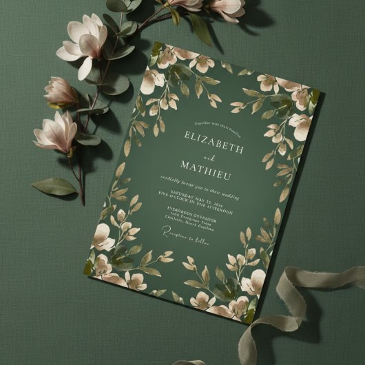 Invitation Mariage Botanique Fleurie Vert Émeraude