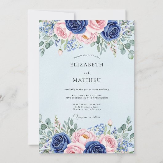 Invitation Mariage Botanique Fleurissant Bleu Clair (Devant)