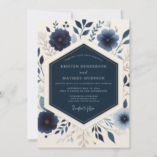 Invitation Mariage Botanique Fleurissant Navy (Devant)