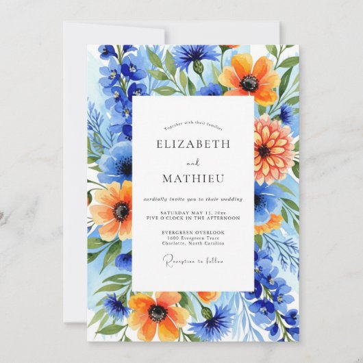 Invitation Mariage Botanique Fleurissant Orange Bleu (Devant)