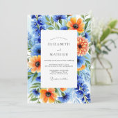 Invitation Mariage Botanique Fleurissant Orange Bleu (Debout devant)