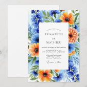 Invitation Mariage Botanique Fleurissant Orange Bleu (Devant / Derrière)