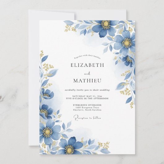Invitation Mariage Botanique Floral Bleu (Devant)