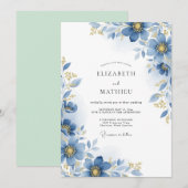 Invitation Mariage Botanique Floral Bleu (Devant / Derrière)