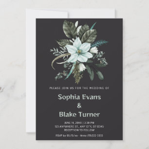 Invitation Mariage Botanique Floral Bleu et Vert sur Fond Cha