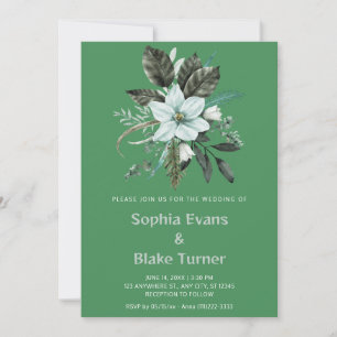 Invitation Mariage botanique floral bleu et vert sur fond ver