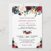 Invitation Mariage Botanique Floral Bleu Marine Rouge de Bour (Devant)