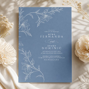 Invitation Mariage Botanique Floral Bleu Poussiéreux