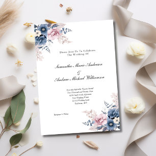Invitation Mariage Botanique Floral Bleu Poussiéreux Rose