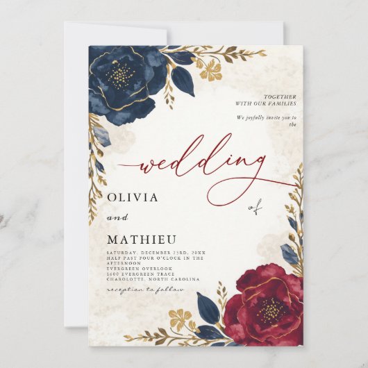 Invitation Mariage botanique floral de Bourgogne profonde de  (Devant)