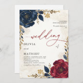 Invitation Mariage botanique floral de Bourgogne profonde de  (Devant / Derrière)