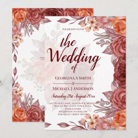 Invitation Mariage botanique floral de la chute d'orange brûl (Devant / Derrière)