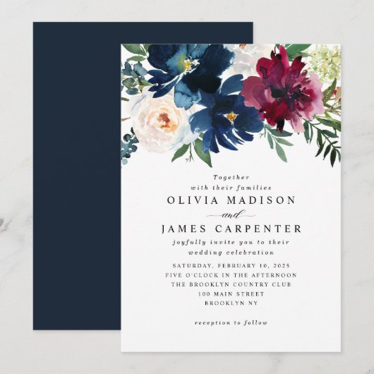 Invitation Mariage botanique floral de la marine moderne Bleu (Devant / Derrière)