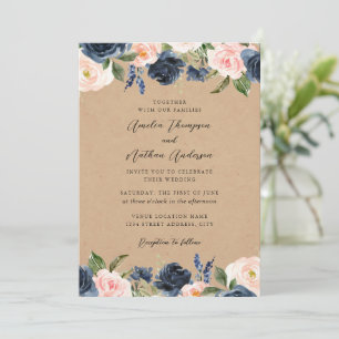 Invitation Mariage Botanique Floral Élégant Rose Navy Rustiqu