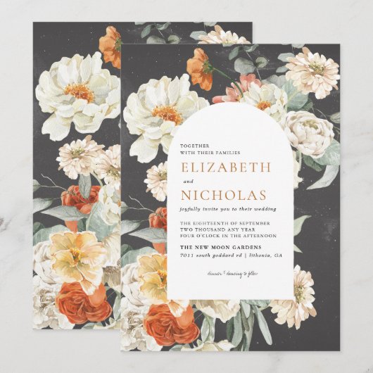Invitation Mariage botanique floral foncé bohème (Devant / Derrière)