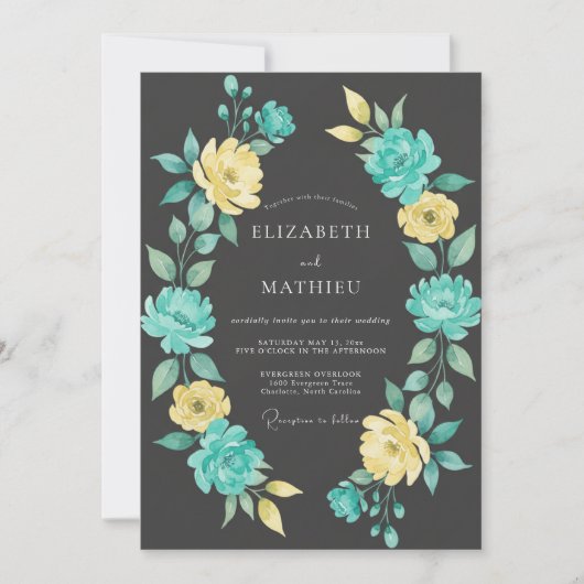 Invitation Mariage Botanique Floral Jaune Sarcelle (Devant)