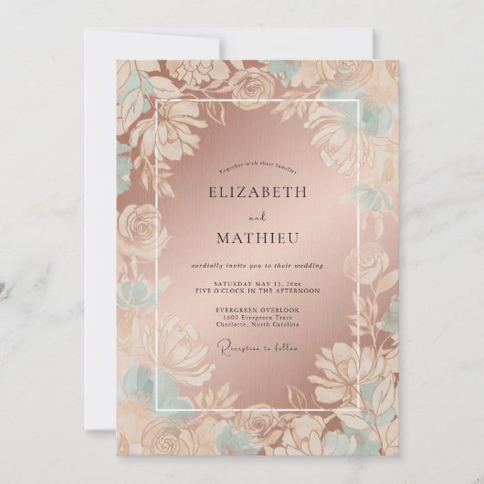 Invitation Mariage Botanique Floral Or Rose (Devant)