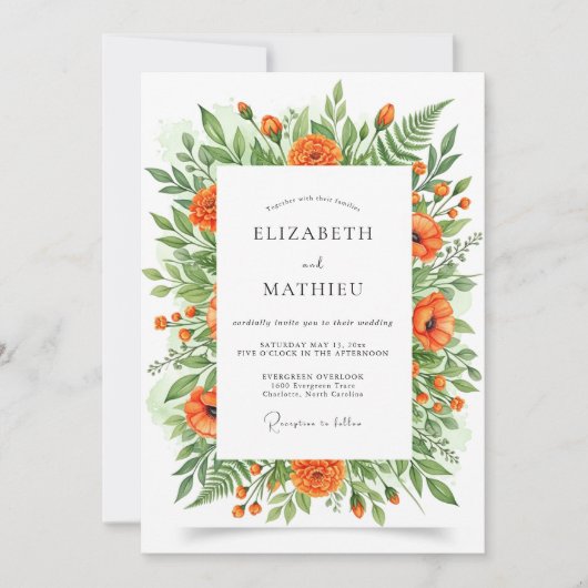 Invitation Mariage Botanique Floral Orange (Devant)