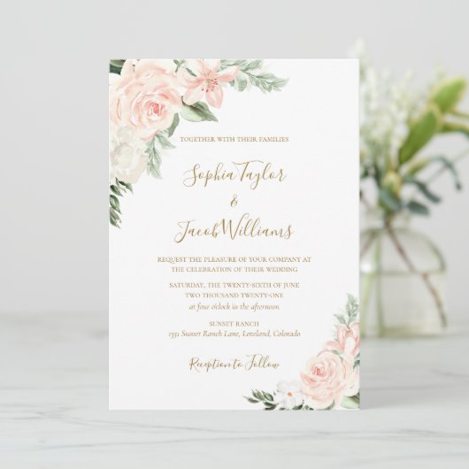 Invitation Mariage botanique floral rose et or (Debout devant)