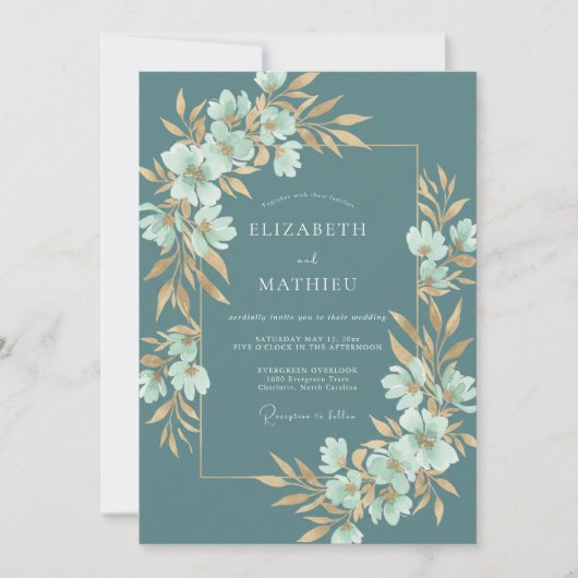 Invitation Mariage Botanique Floral Sarcelle (Devant)