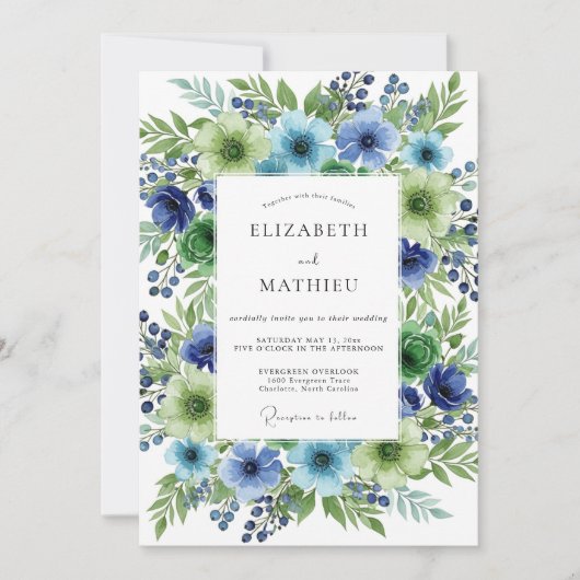 Invitation Mariage Botanique Floral Vert Bleu (Devant)
