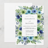 Invitation Mariage Botanique Floral Vert Bleu (Devant / Derrière)