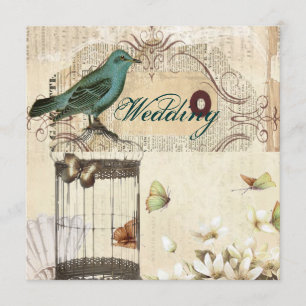 Invitation Mariage botanique floral vintage d'oiseau