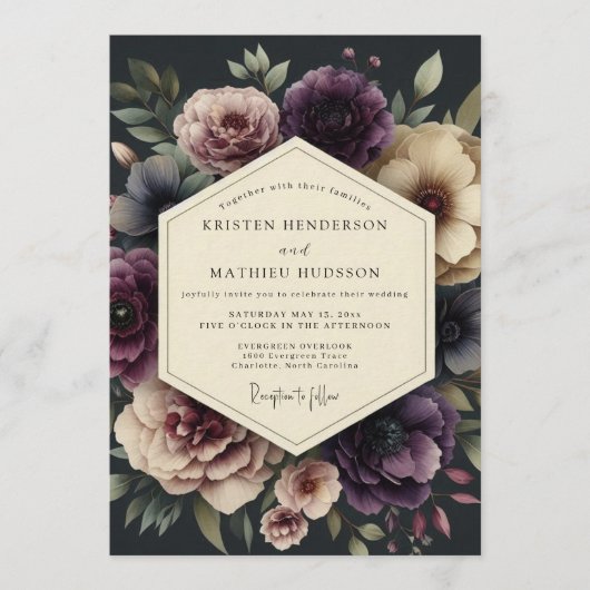 Invitation Mariage Botanique Foncé aux Prunes (Devant)