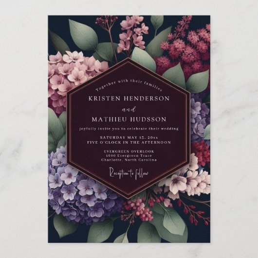 Invitation Mariage Botanique Foncé de Bourgogne (Devant)