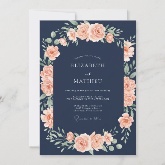 Invitation Mariage Botanique Foncé Navy et Pêche (Devant)