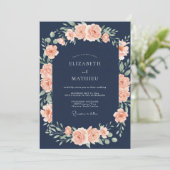Invitation Mariage Botanique Foncé Navy et Pêche (Debout devant)