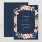 Invitation Mariage Botanique Foncé Navy et Pêche (Devant / Derrière)