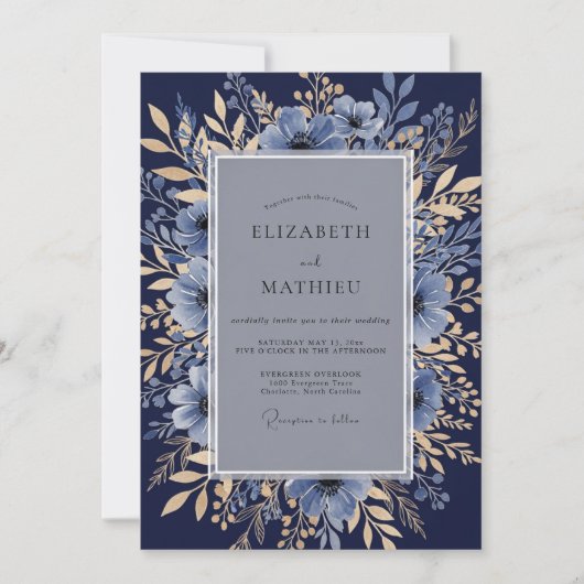 Invitation Mariage Botanique Formel Bleu Nuit (Devant)