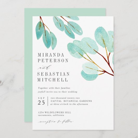 Invitation Mariage botanique frais Eucalyptus Foliage (Devant / Derrière)