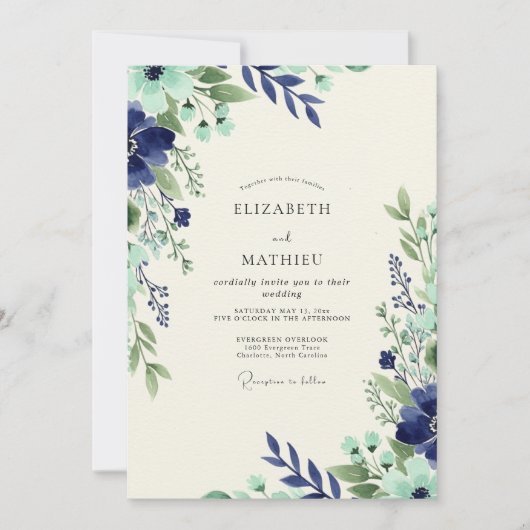 Invitation Mariage Botanique Frais Menthe Marine (Devant)