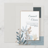 Invitation Mariage Botanique géométrique bleu et beige (Devant / Derrière)