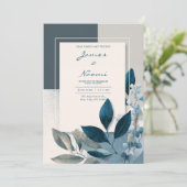 Invitation Mariage botanique géométrique bleu et beige modern (Debout devant)