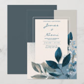Invitation Mariage botanique géométrique bleu et beige modern (Devant / Derrière)
