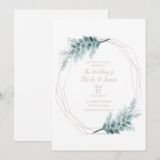 Invitation Mariage botanique géométrique rose Gold Glam (Devant / Derrière)