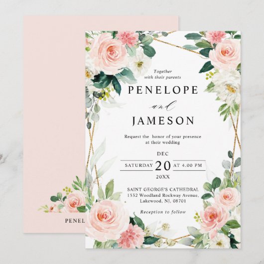 Invitation Mariage botanique géométrique rose pâle (Devant / Derrière)